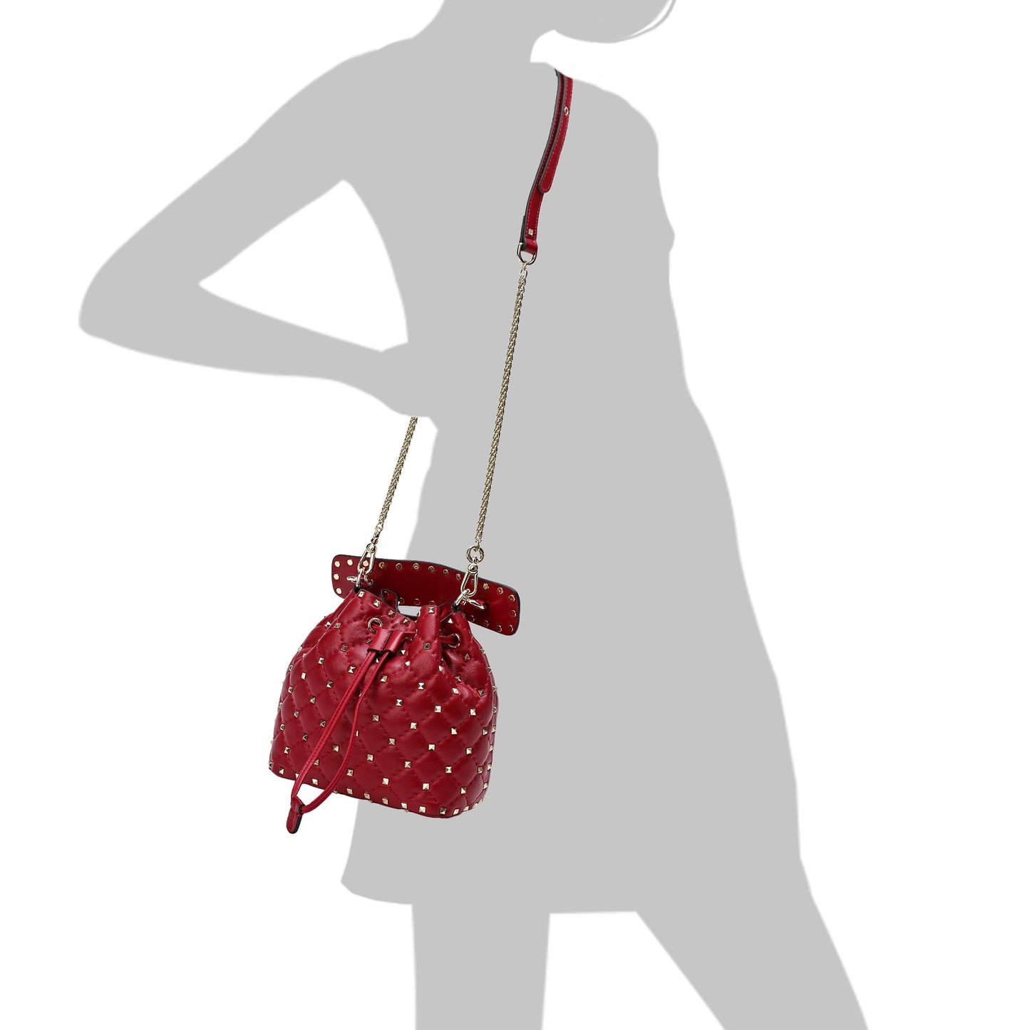 Quilted Studded Lambskin Drawstring Shoulder Bag