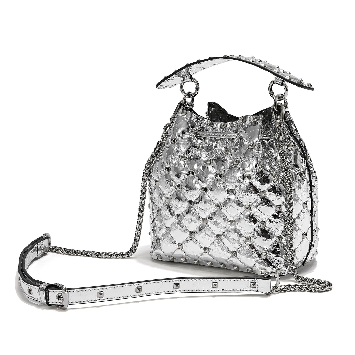 Quilted Studded Lambskin Drawstring Shoulder Bag