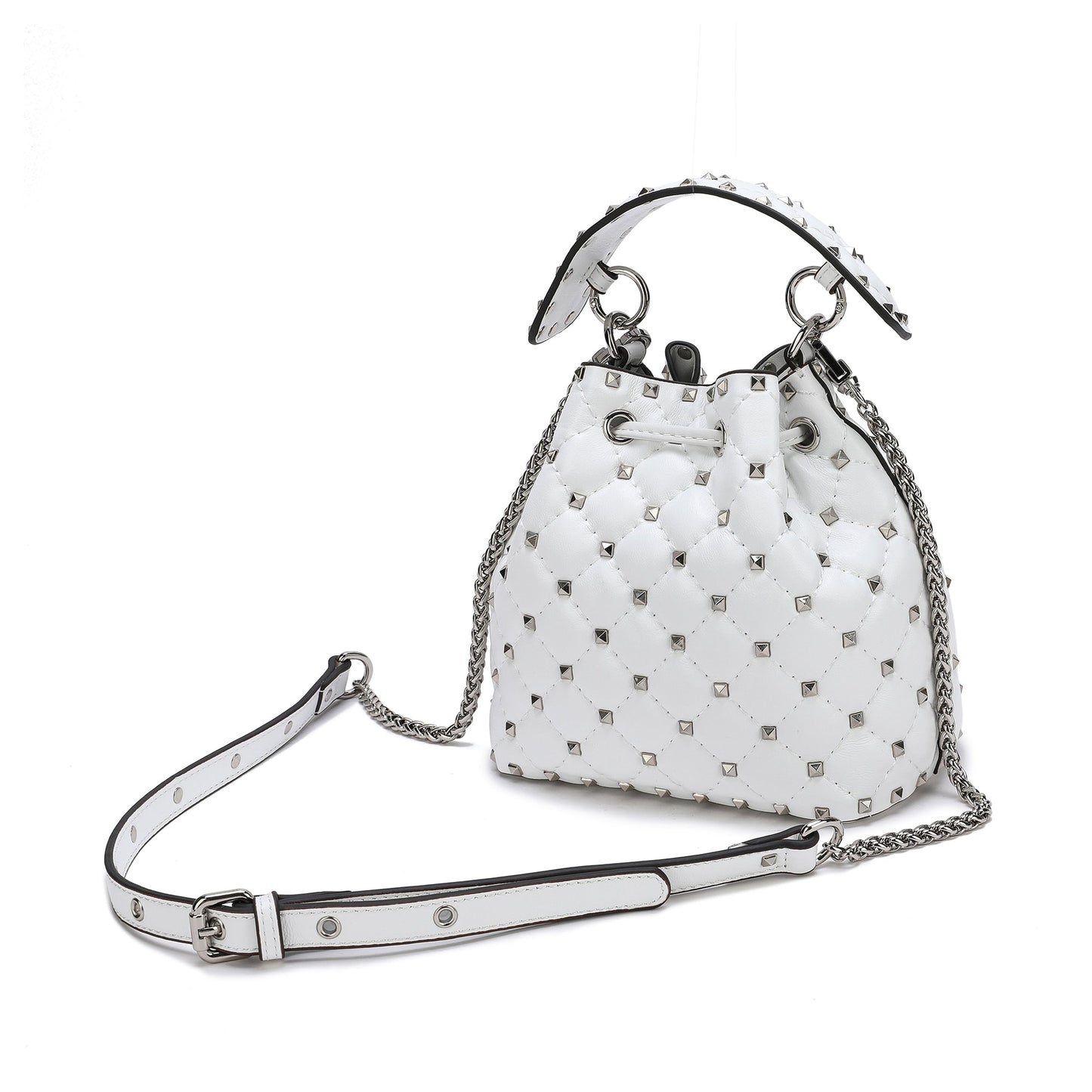 Quilted Studded Lambskin Drawstring Shoulder Bag