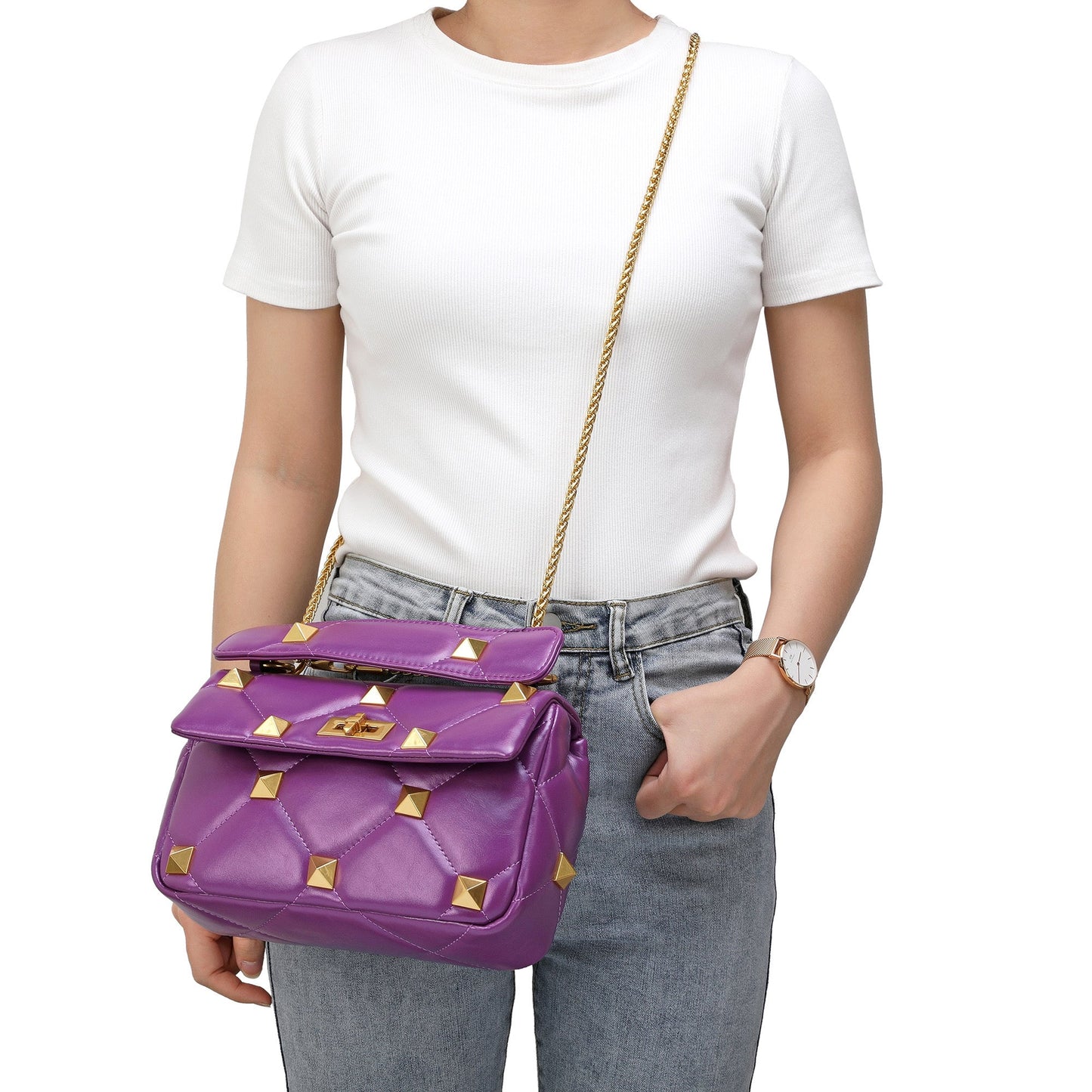 Quilted and Studded Sheepskin Leather Shoulder Bag