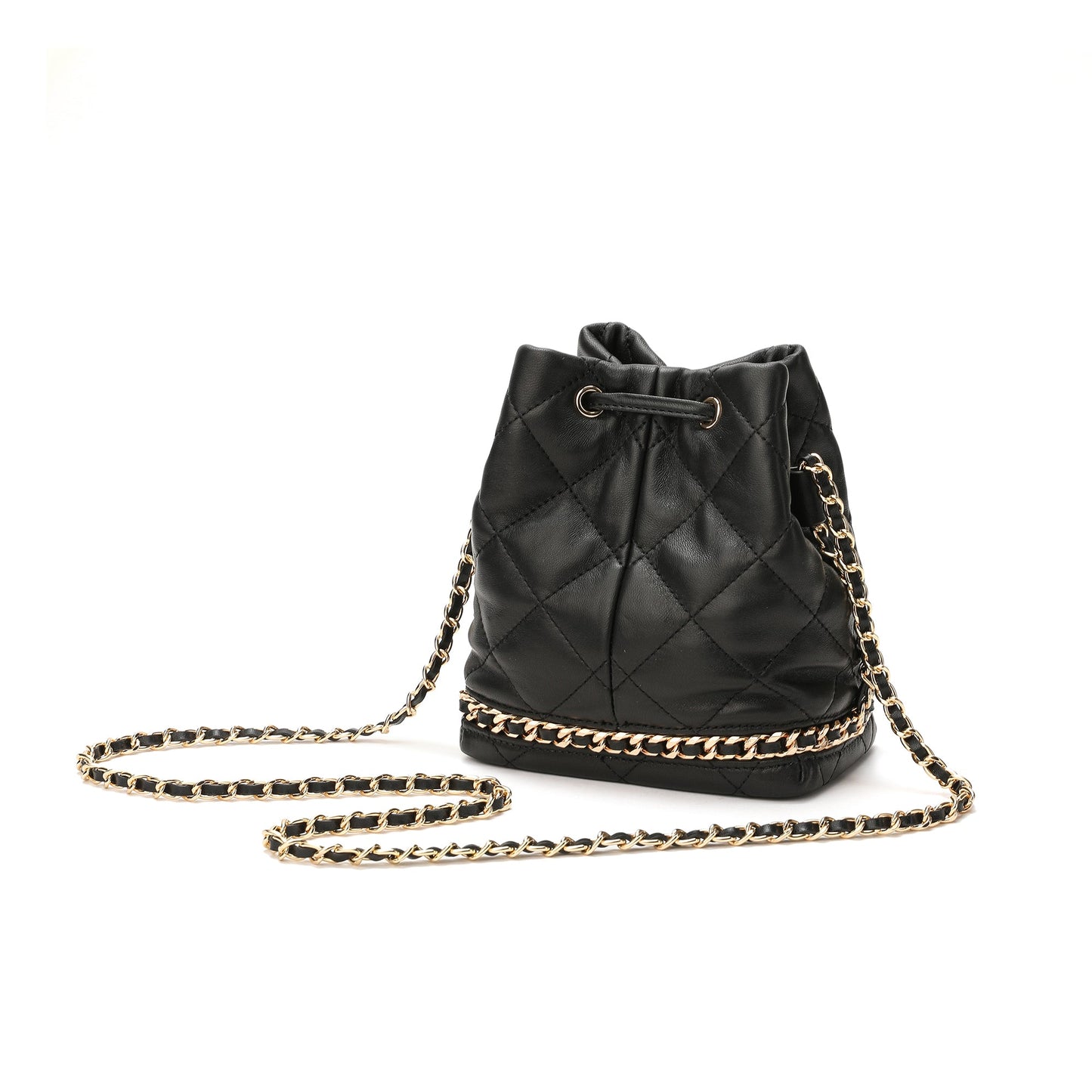 Full-Grain Quilted Lambskin Leather Drawstring Bag