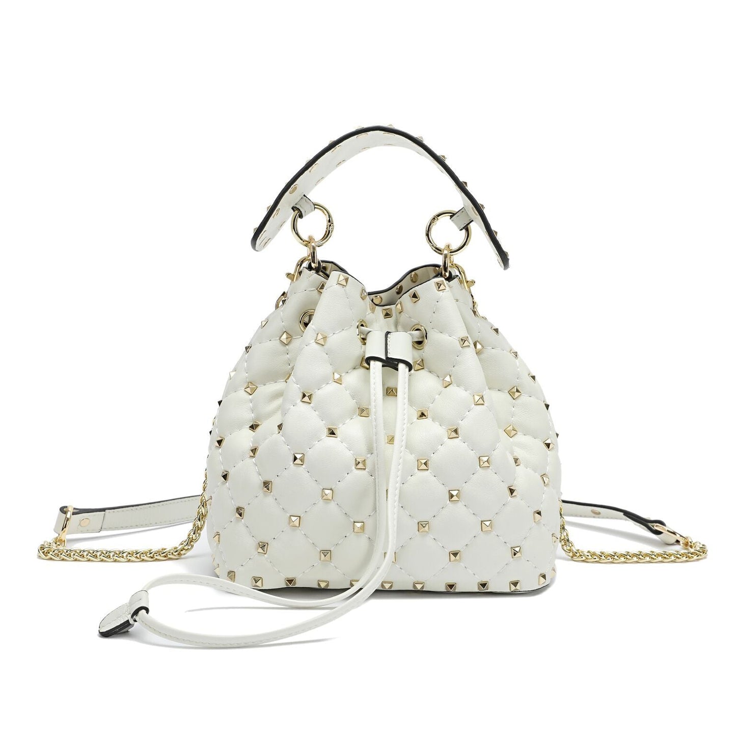 Quilted Studded Lambskin Drawstring Shoulder Bag